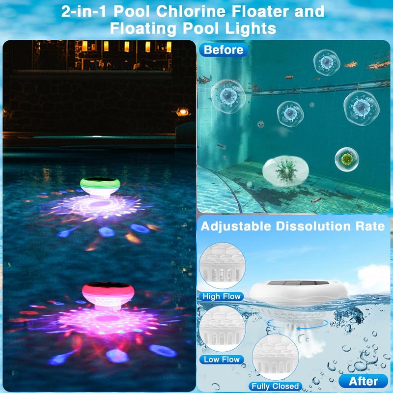 QOLNBY Solar Pool Chlorine Floater, USB Rechargeable Floating Pool Lights, 2600mAh 6.69” IP68 Waterproof Floating Chlorine Dispenser,13 Color Modes Adjustable Release Solar Chlorines Floater 4 Pack - Image 2